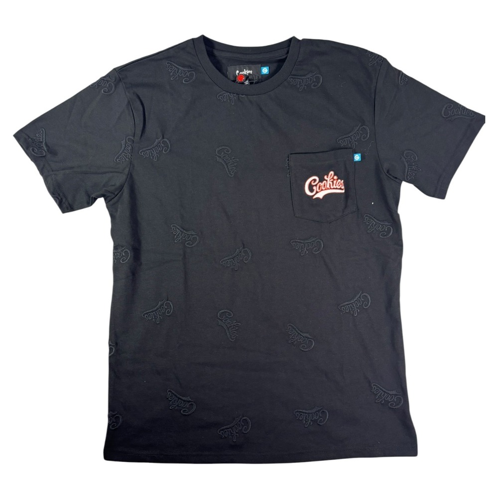Cookies Bases Loaded All Over Embroidered Pocket Tee Shirt Mens Large Black Logo